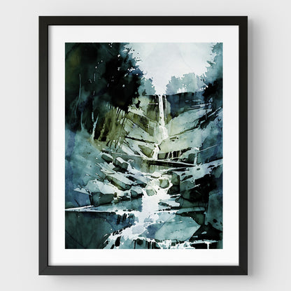 Framed watercolor painting of a waterfall flowing over rocks, mounted on a white wall with a black frame.