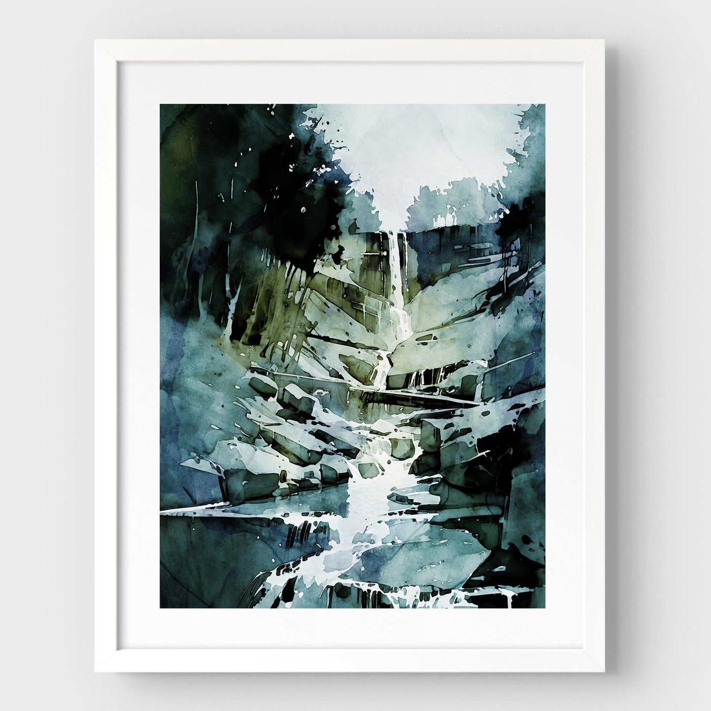 Framed watercolor painting of a waterfall flowing over rocks, mounted on a white wall with a white frame.
