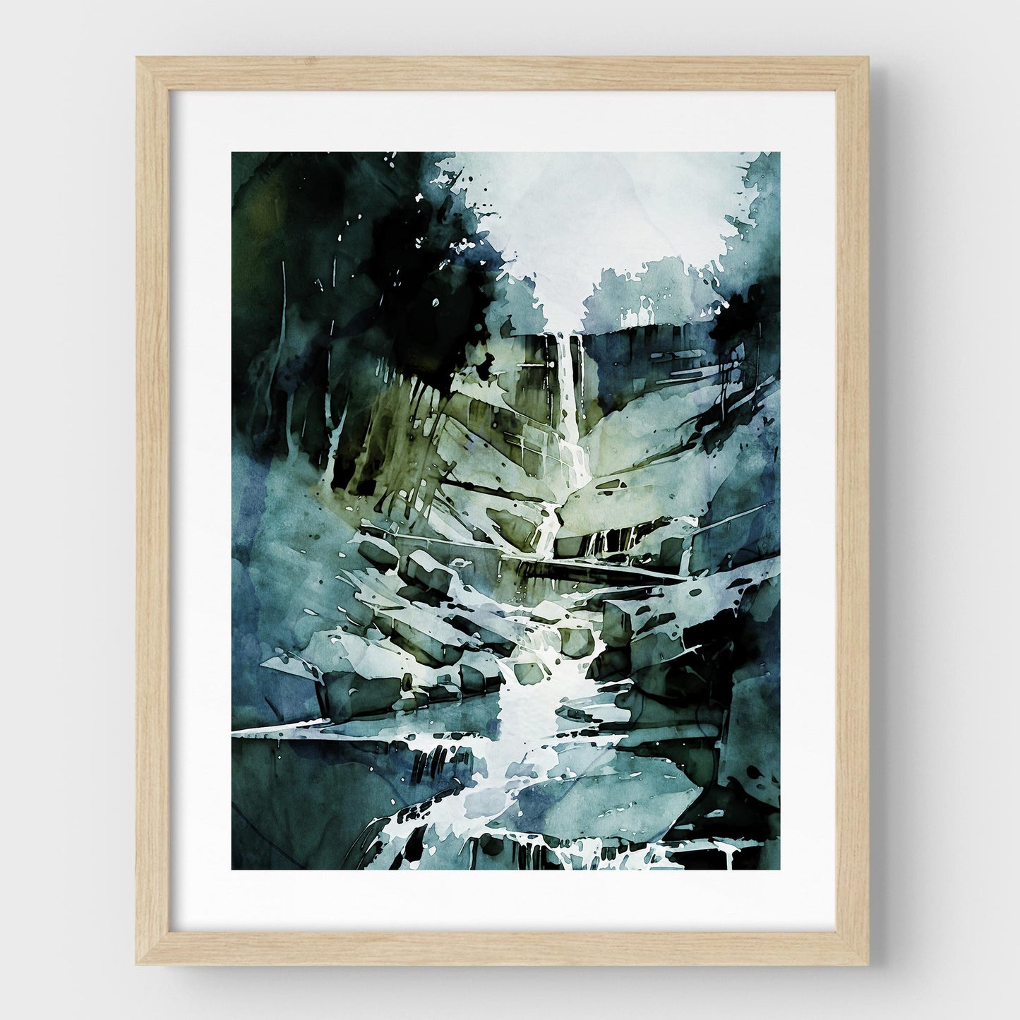 Framed watercolor painting of a waterfall flowing over rocks, mounted on a white wall with a natural wood frame.