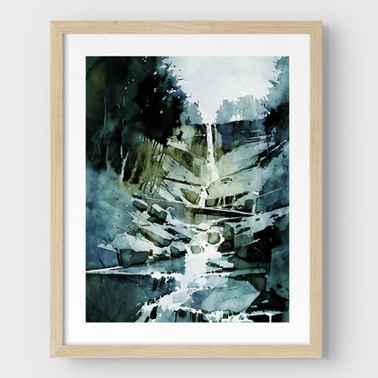 Framed watercolor painting of a waterfall flowing over rocks, mounted on a white wall with a natural wood frame.