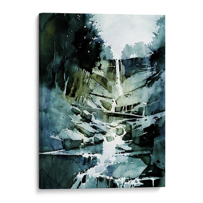 Canvas print of a watercolor painting depicting a waterfall flowing over rocks, mounted on a white background.