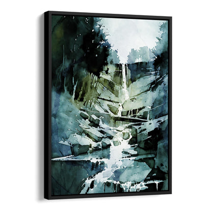 Framed canvas print of a watercolor painting featuring a waterfall cascading over rocks, set in a black frame.