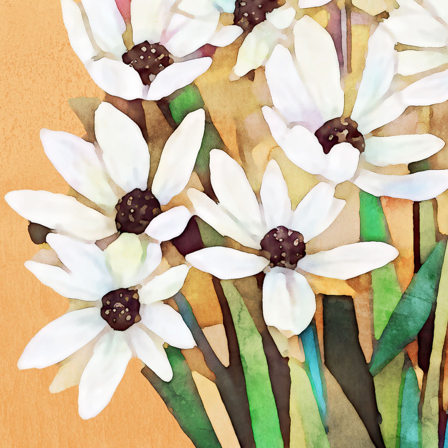Watercolor-style artwork featuring a close-up of delicate white flowers with dark centers, surrounded by green stems and leaves, set against a warm golden background.