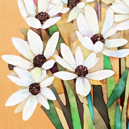 Watercolor-style artwork featuring a close-up of delicate white flowers with dark centers, surrounded by green stems and leaves, set against a warm golden background.