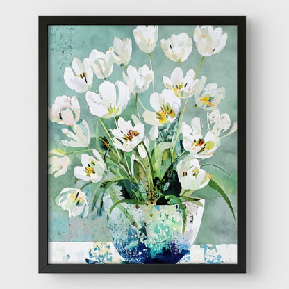 White Tulip Still Life Watercolor Art Print