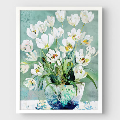 White Tulip Still Life Watercolor Art Print
