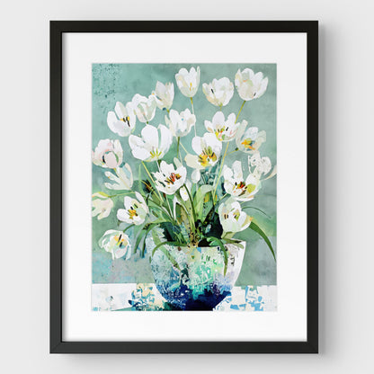 White Tulip Still Life Watercolor Art Print