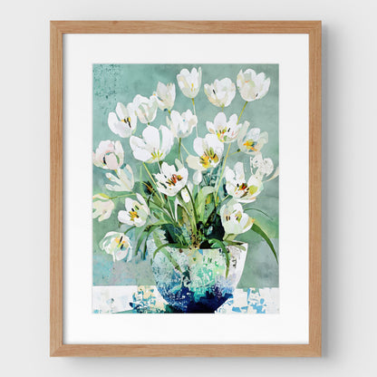 White Tulip Still Life Watercolor Art Print