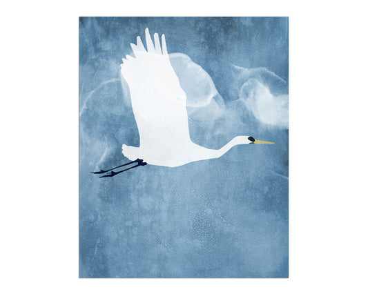 Minimalist illustration of a white heron in flight with wings raised, set against a textured blue sky with soft, cloud-like shapes in the background