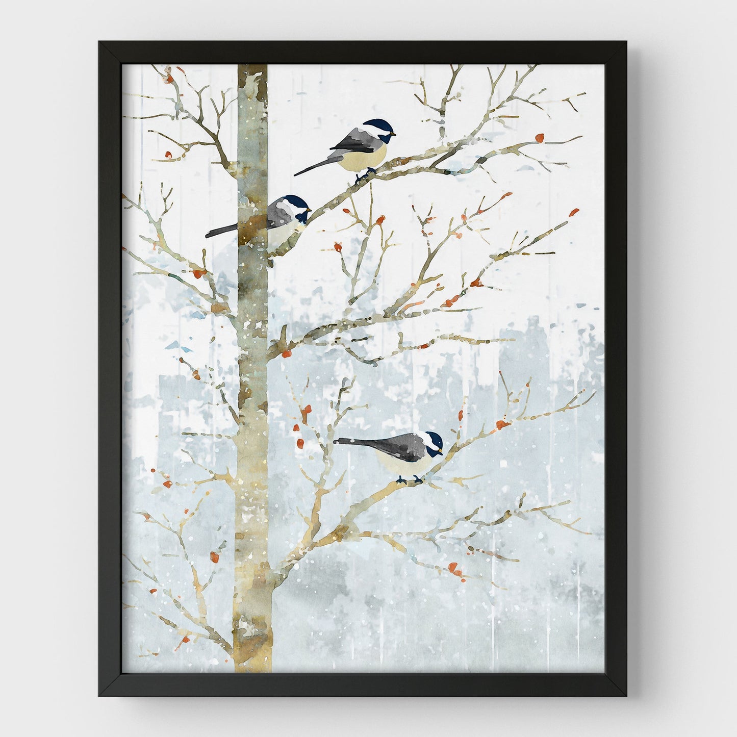 Winter Chickadees Watercolor Art Print