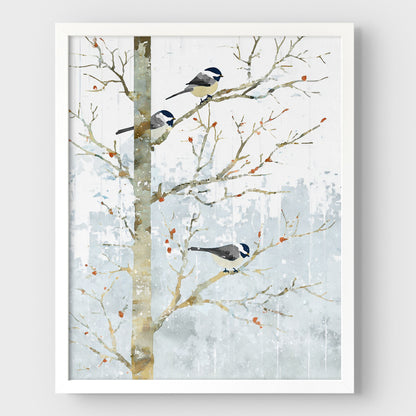 Winter Chickadees Watercolor Art Print