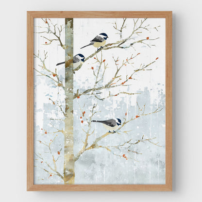 Winter Chickadees Watercolor Art Print