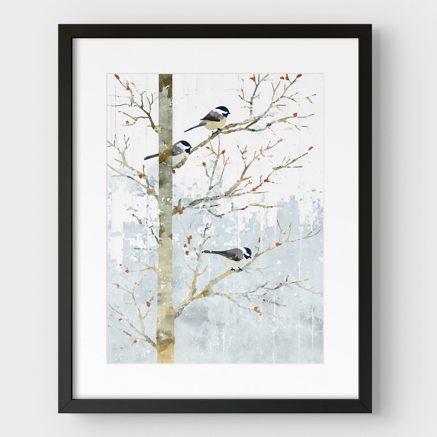Winter Chickadees Watercolor Art Print
