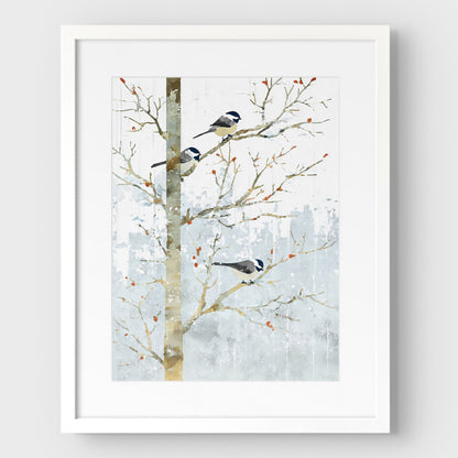 Winter Chickadees Watercolor Art Print