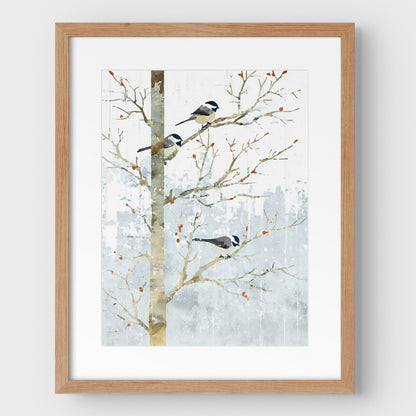 Winter Chickadees Watercolor Art Print