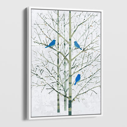 Winter Bluebirds in Birch Trees Watercolor Art Print