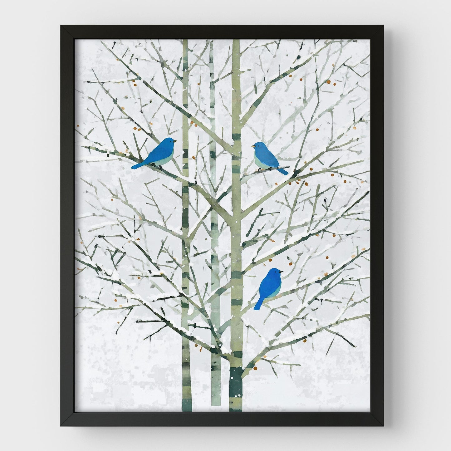 Winter Bluebirds in Birch Trees Watercolor Art Print