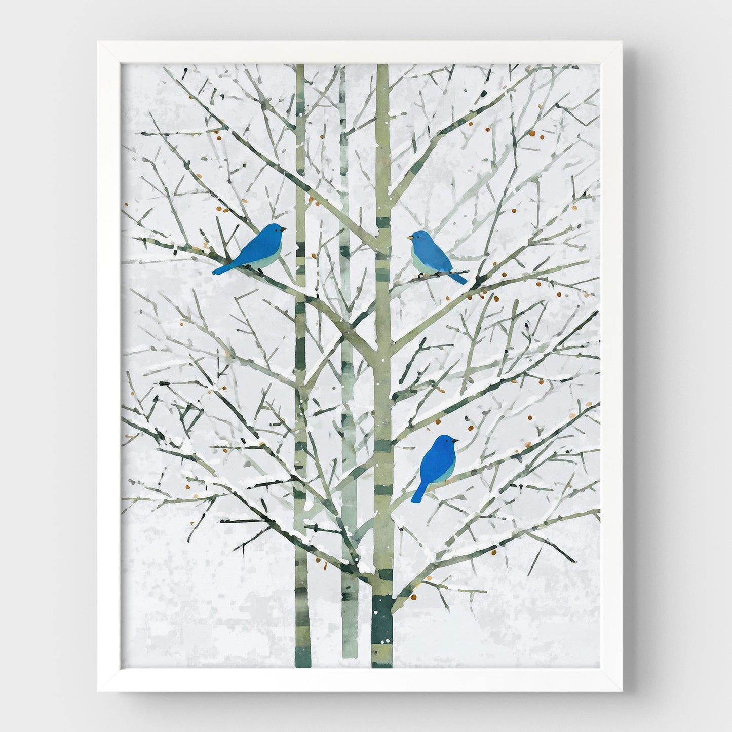 Winter Bluebirds in Birch Trees Watercolor Art Print