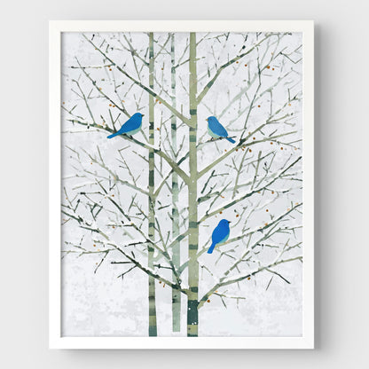 Winter Bluebirds in Birch Trees Watercolor Art Print