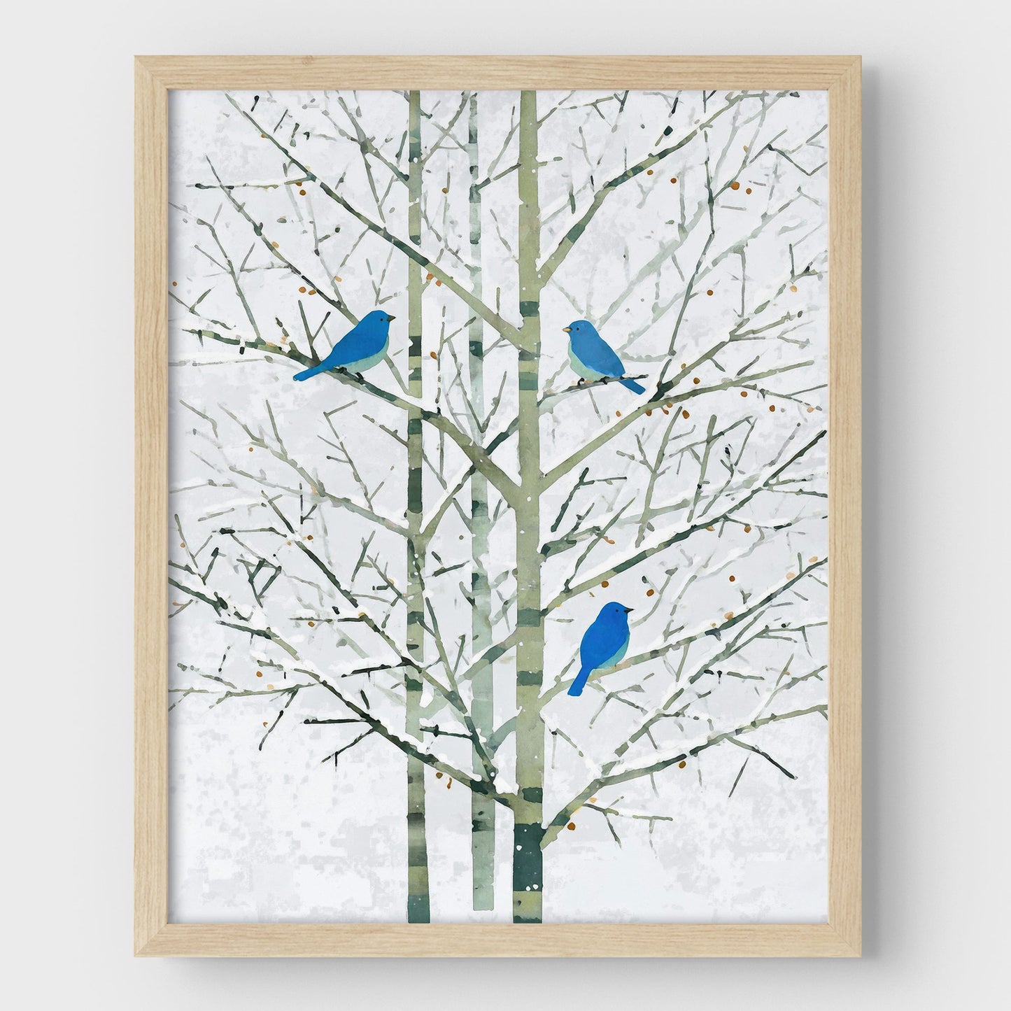 Winter Bluebirds in Birch Trees Watercolor Art Print