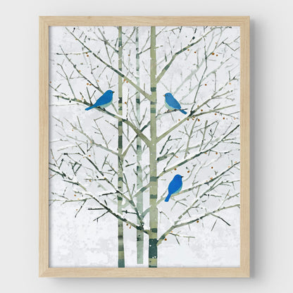 Winter Bluebirds in Birch Trees Watercolor Art Print