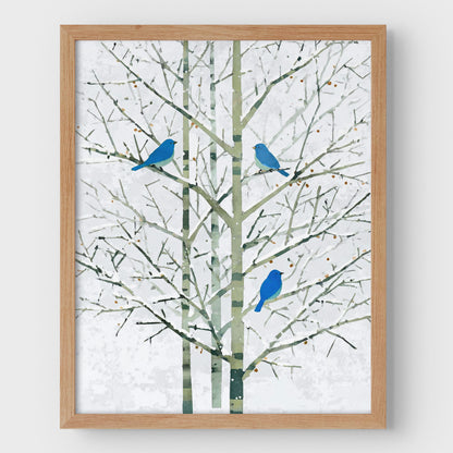 Winter Bluebirds in Birch Trees Watercolor Art Print