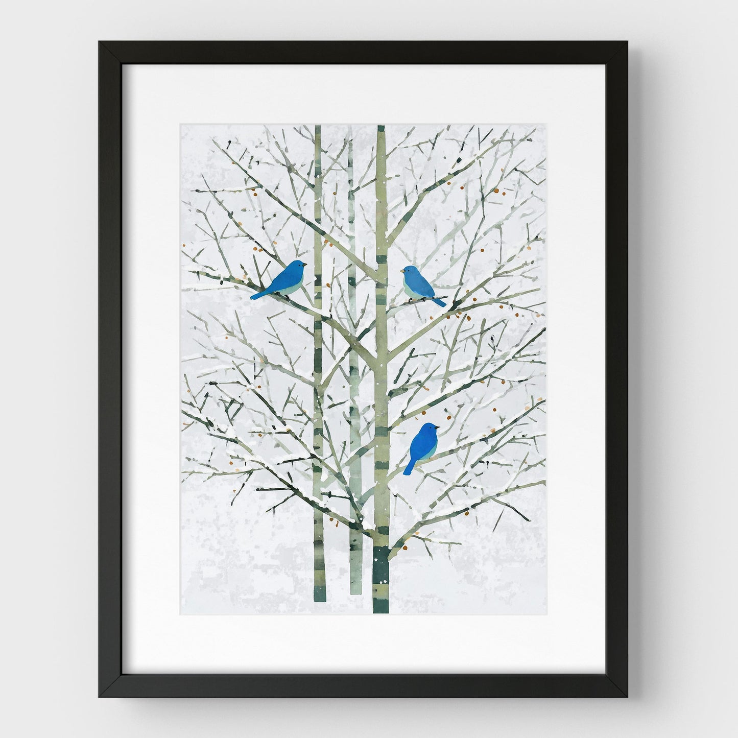 Winter Bluebirds in Birch Trees Watercolor Art Print