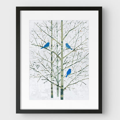 Winter Bluebirds in Birch Trees Watercolor Art Print