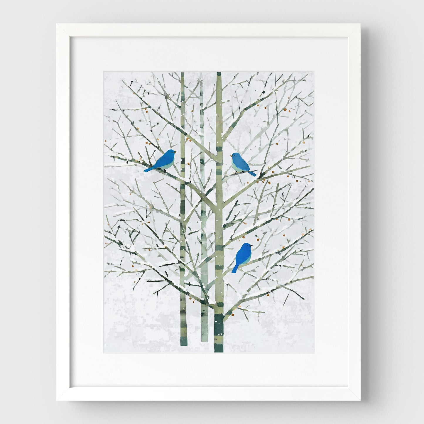 Winter Bluebirds in Birch Trees Watercolor Art Print