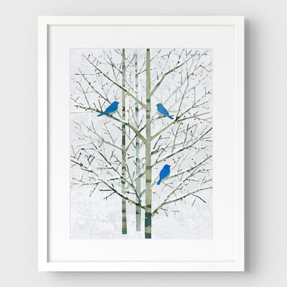 Winter Bluebirds in Birch Trees Watercolor Art Print