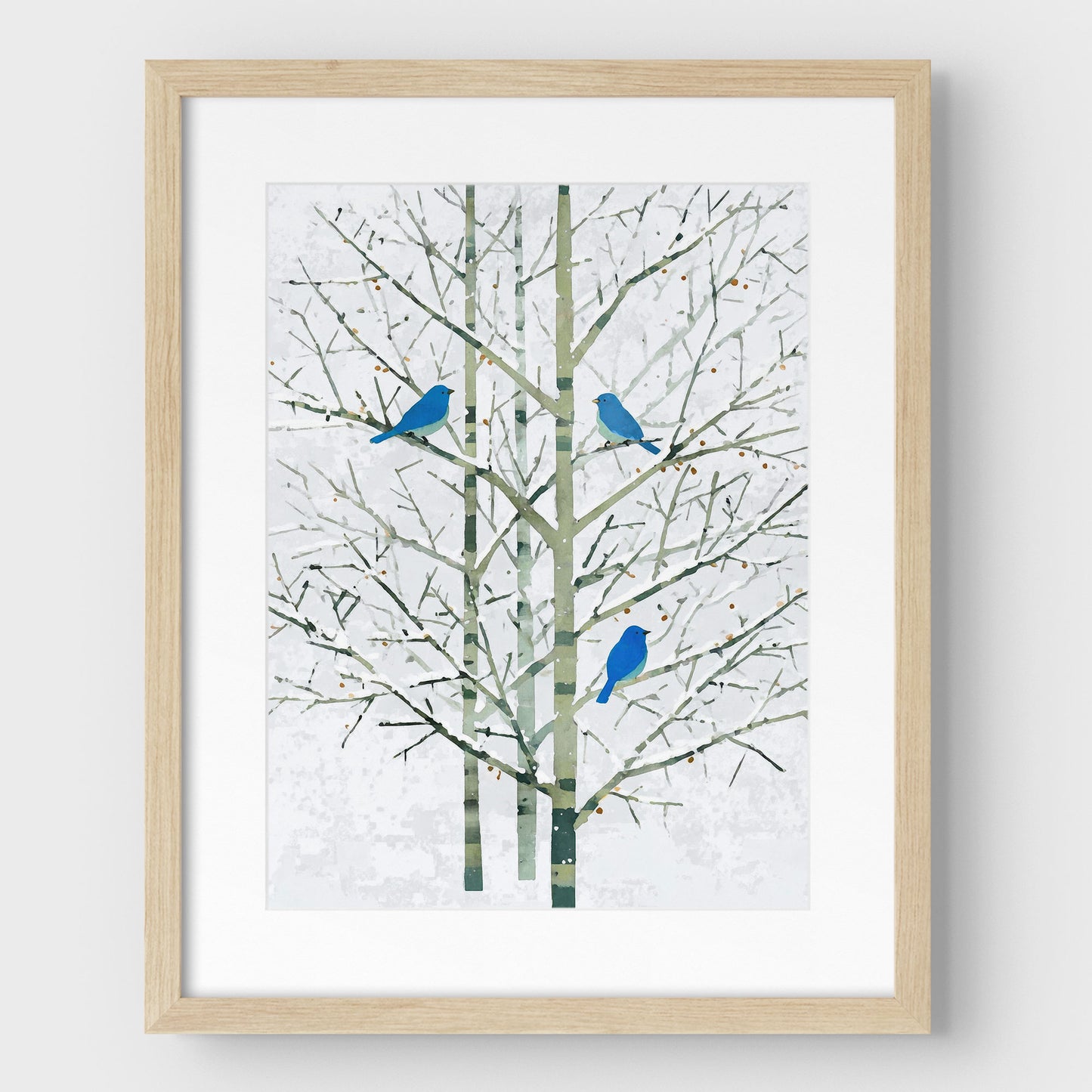 Winter Bluebirds in Birch Trees Watercolor Art Print