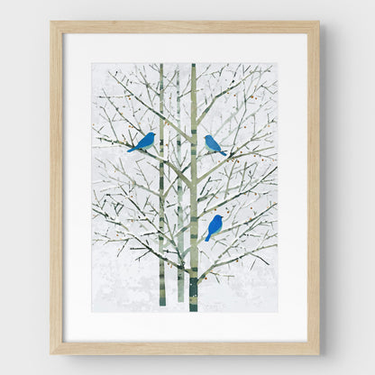 Winter Bluebirds in Birch Trees Watercolor Art Print