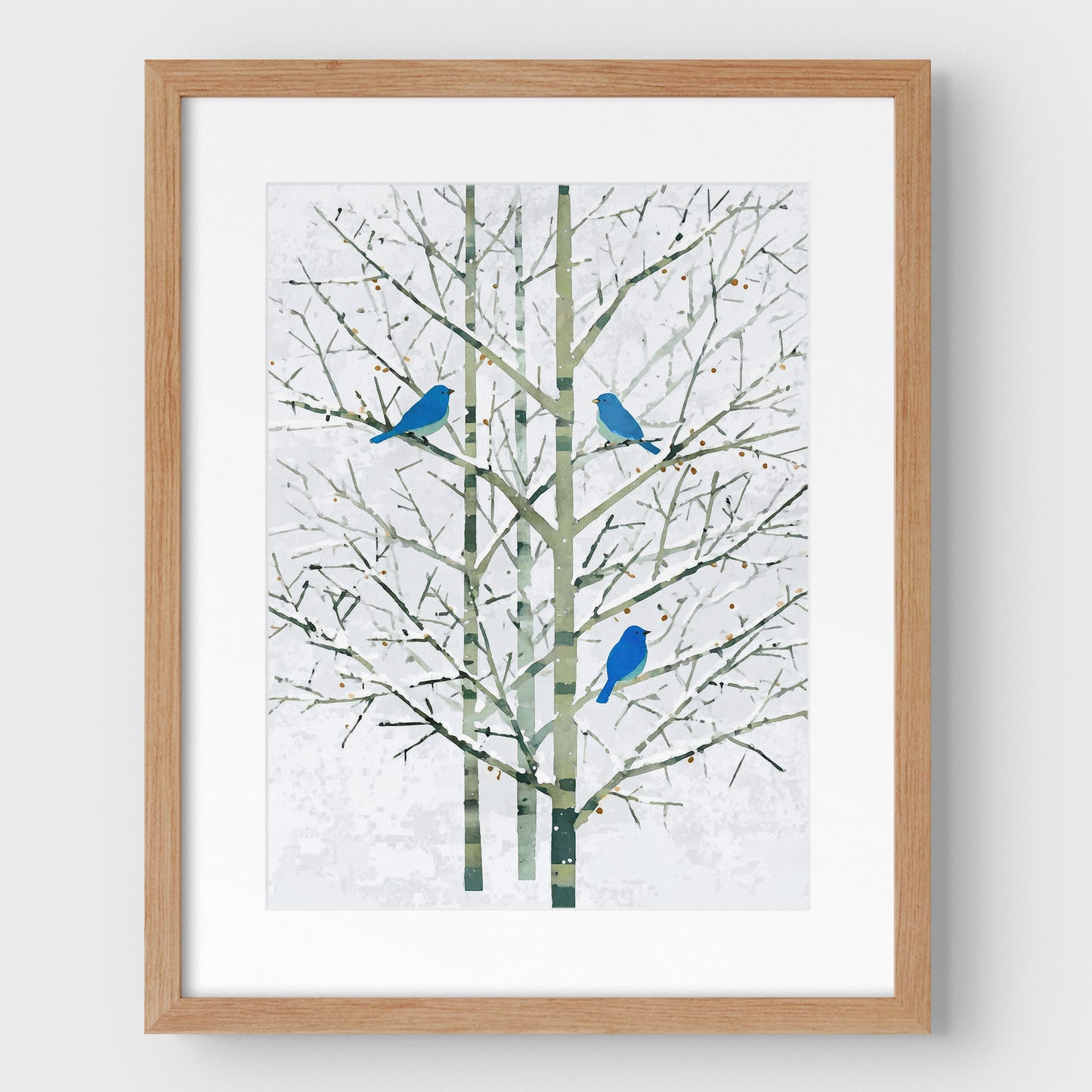 Winter Bluebirds in Birch Trees Watercolor Art Print