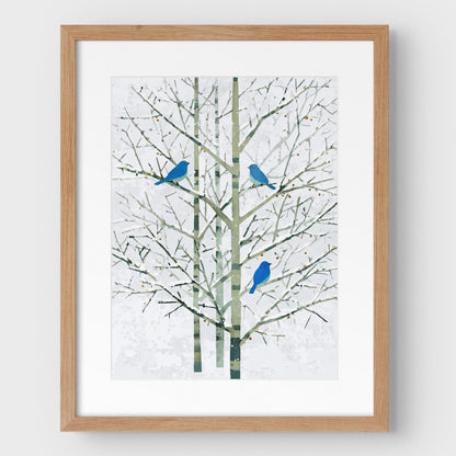 Winter Bluebirds in Birch Trees Watercolor Art Print