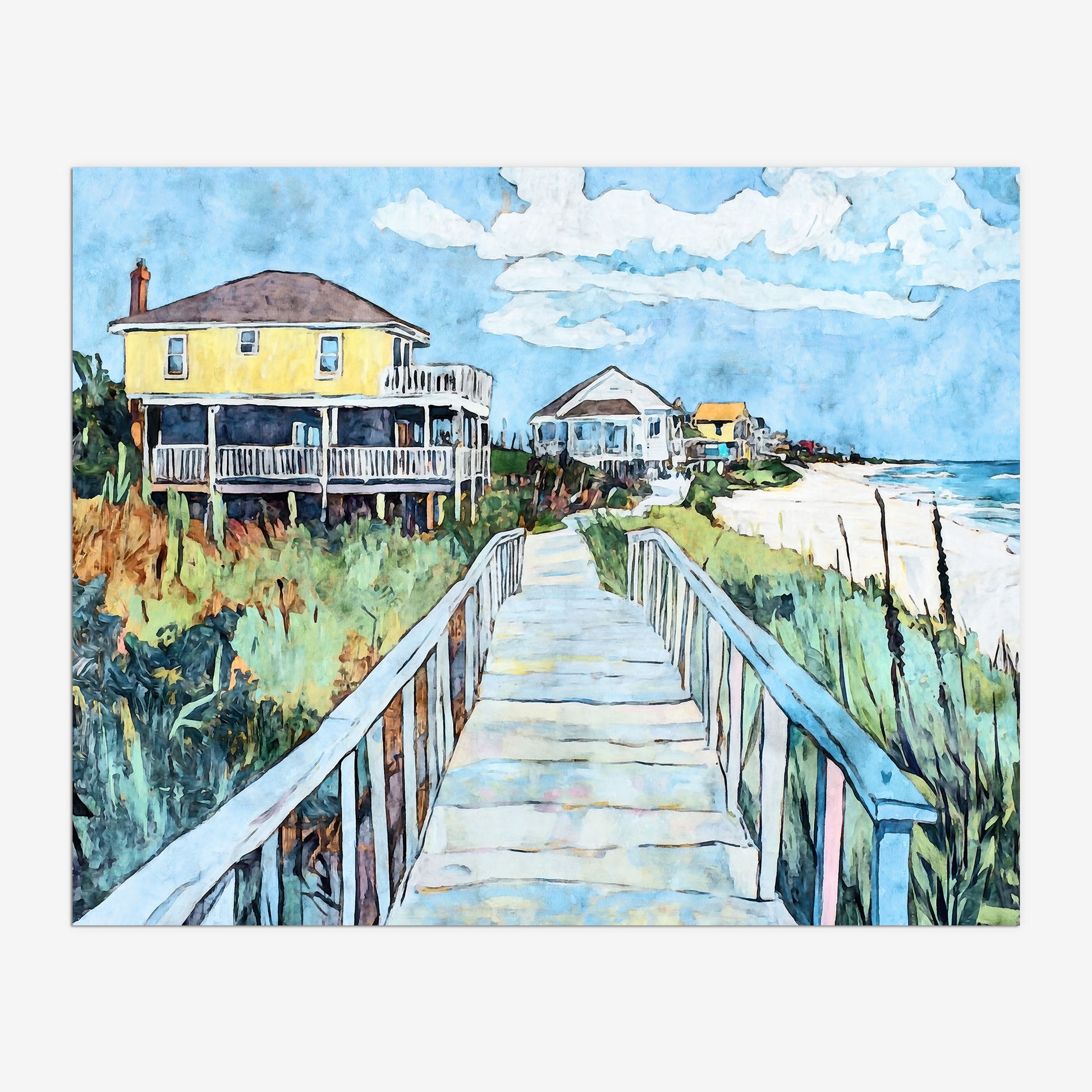 Watercolor-style painting of a coastal boardwalk leading past colorful beach houses, with a prominent yellow home on stilts to the left. The path winds through tall dune grass toward a white sandy beach and ocean waves under a blue sky with scattered clouds.