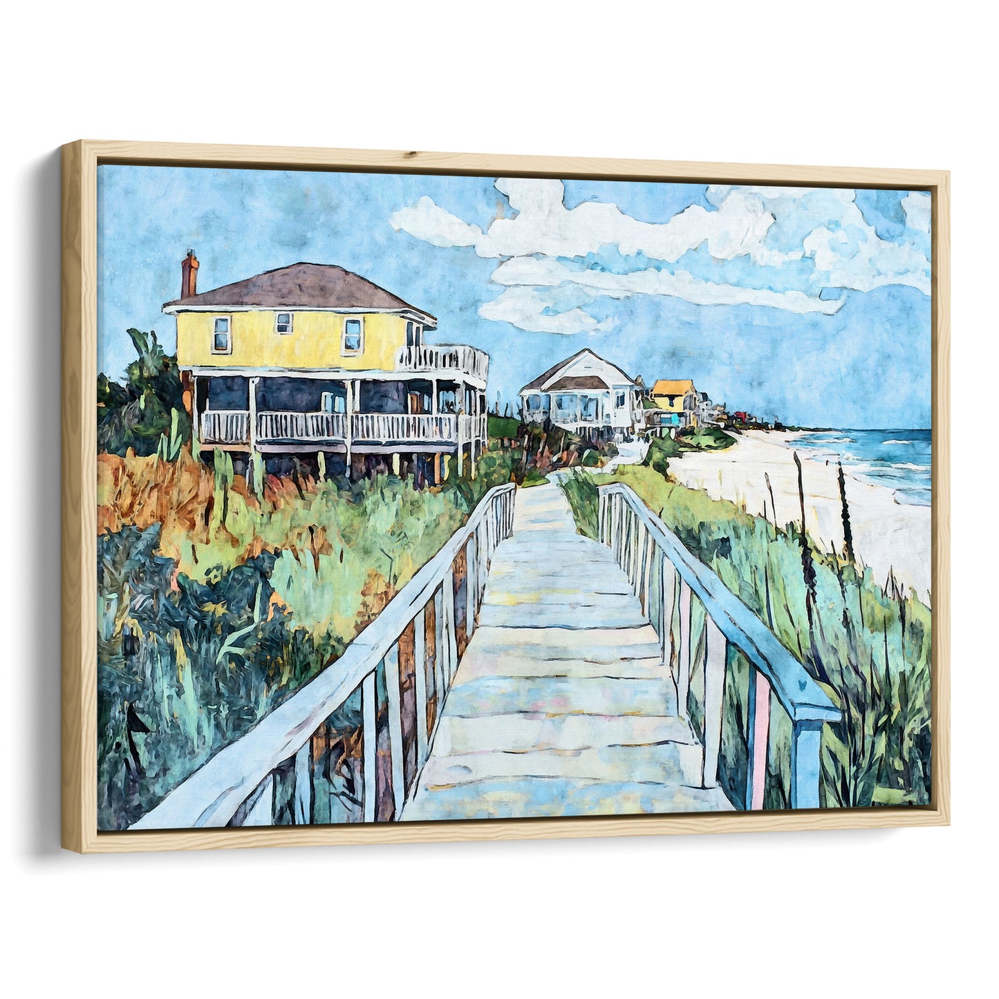 Natural wood framed canvas print featuring a watercolor-style boardwalk scene leading to the ocean, with a bright yellow beach house on the left, coastal grasses along the walkway, and vivid blue sky and sea in the background.