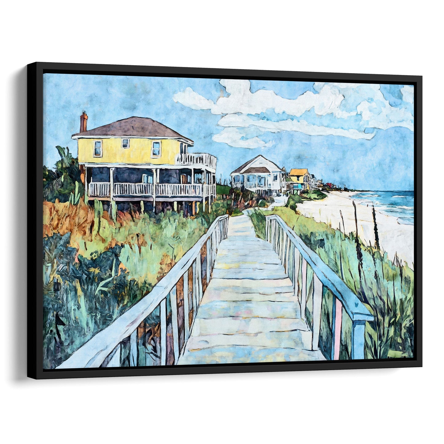 Black framed canvas print featuring a watercolor-style boardwalk scene leading to the ocean, with a bright yellow beach house on the left, coastal grasses along the walkway, and vivid blue sky and sea in the background.