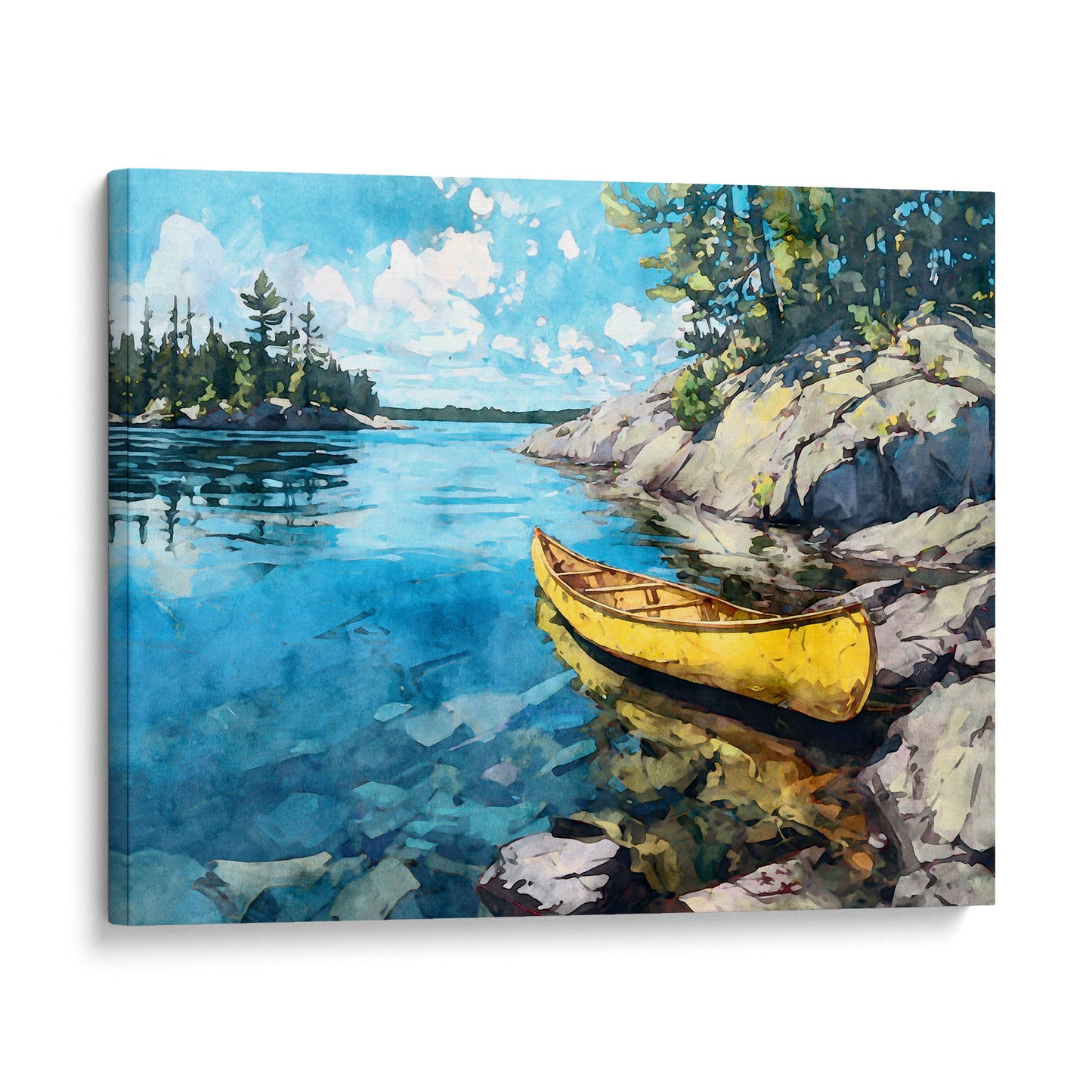 Yellow Canoe Lake Landscape Watercolor Art Print
