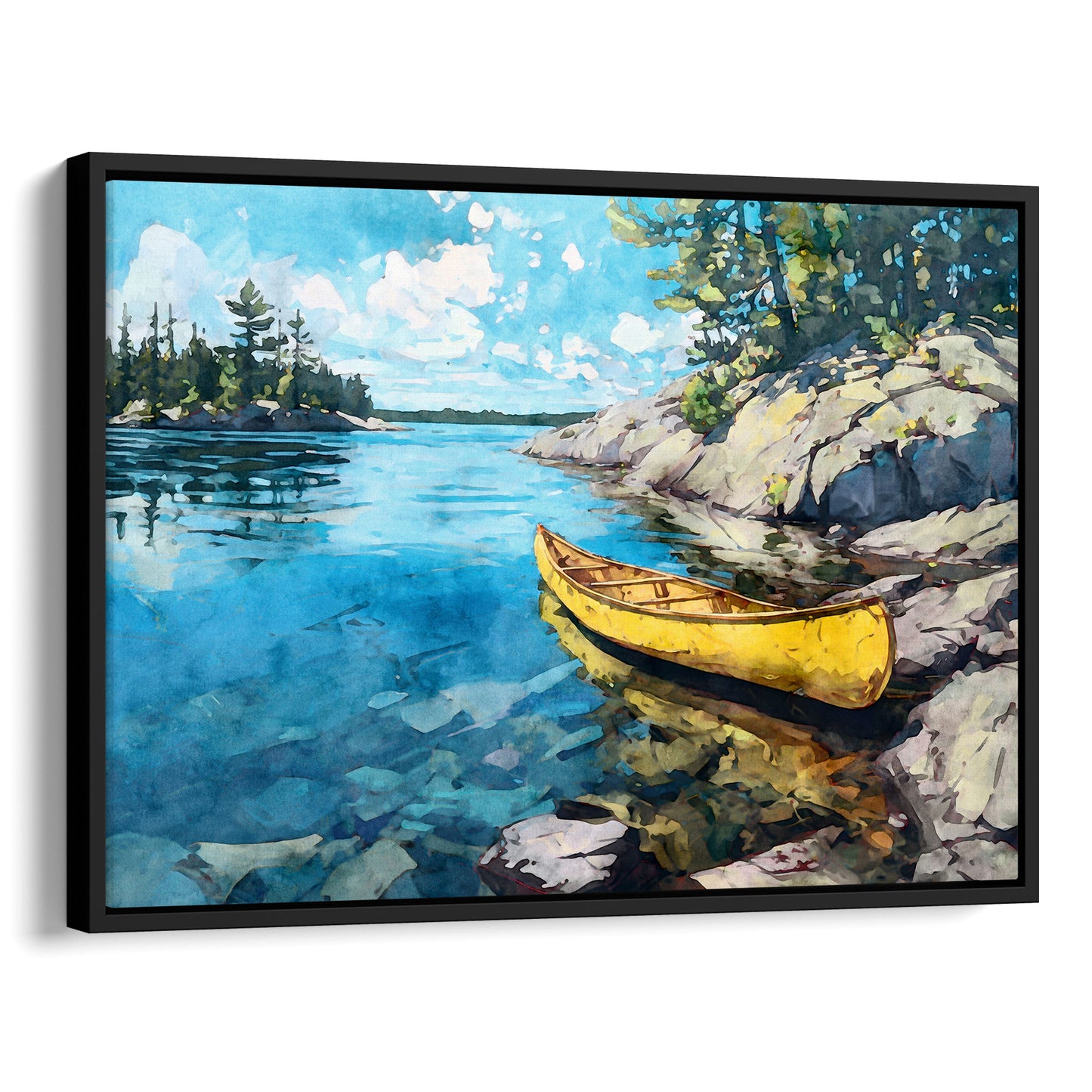 Yellow Canoe Lake Landscape Watercolor Art Print