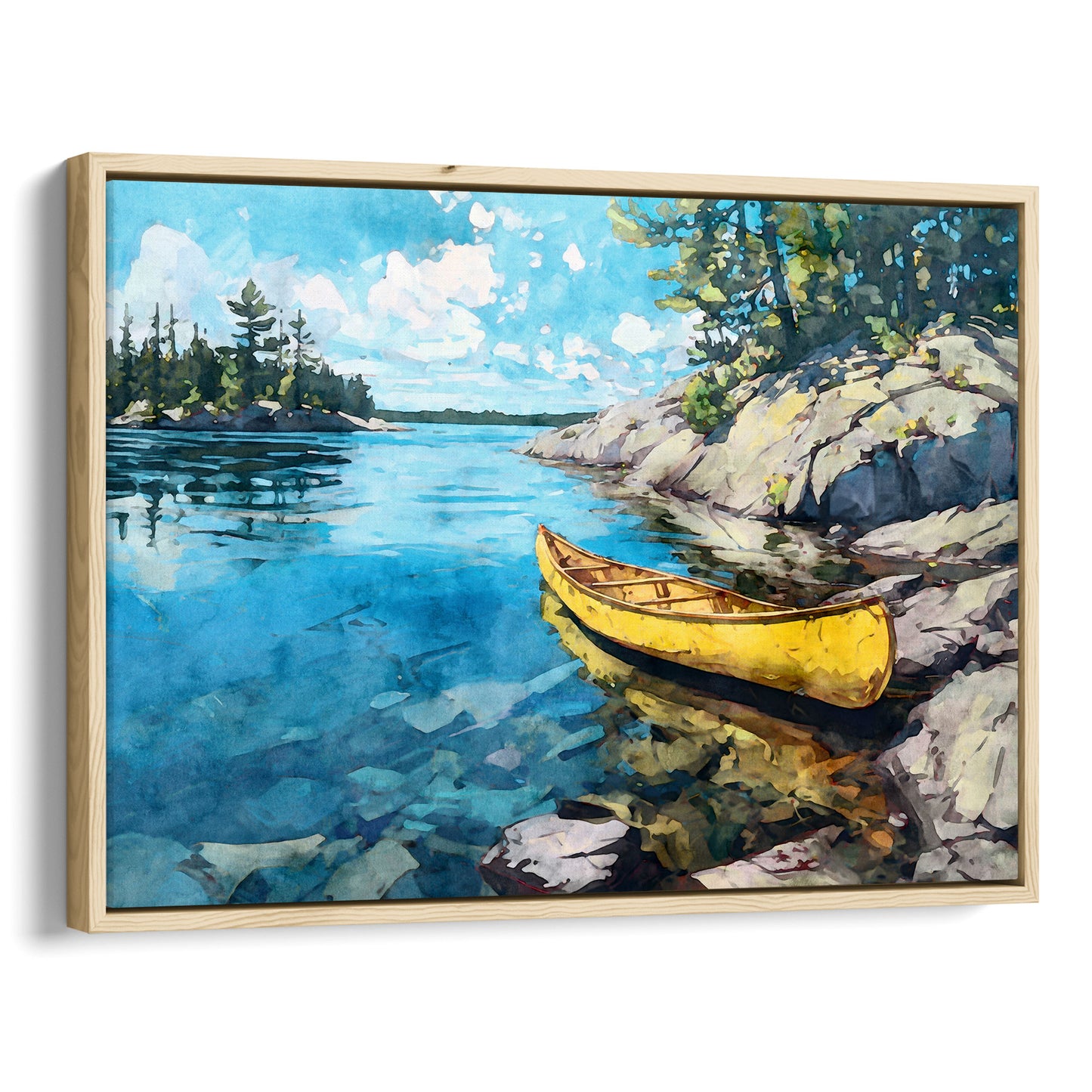 Yellow Canoe Lake Landscape Watercolor Art Print