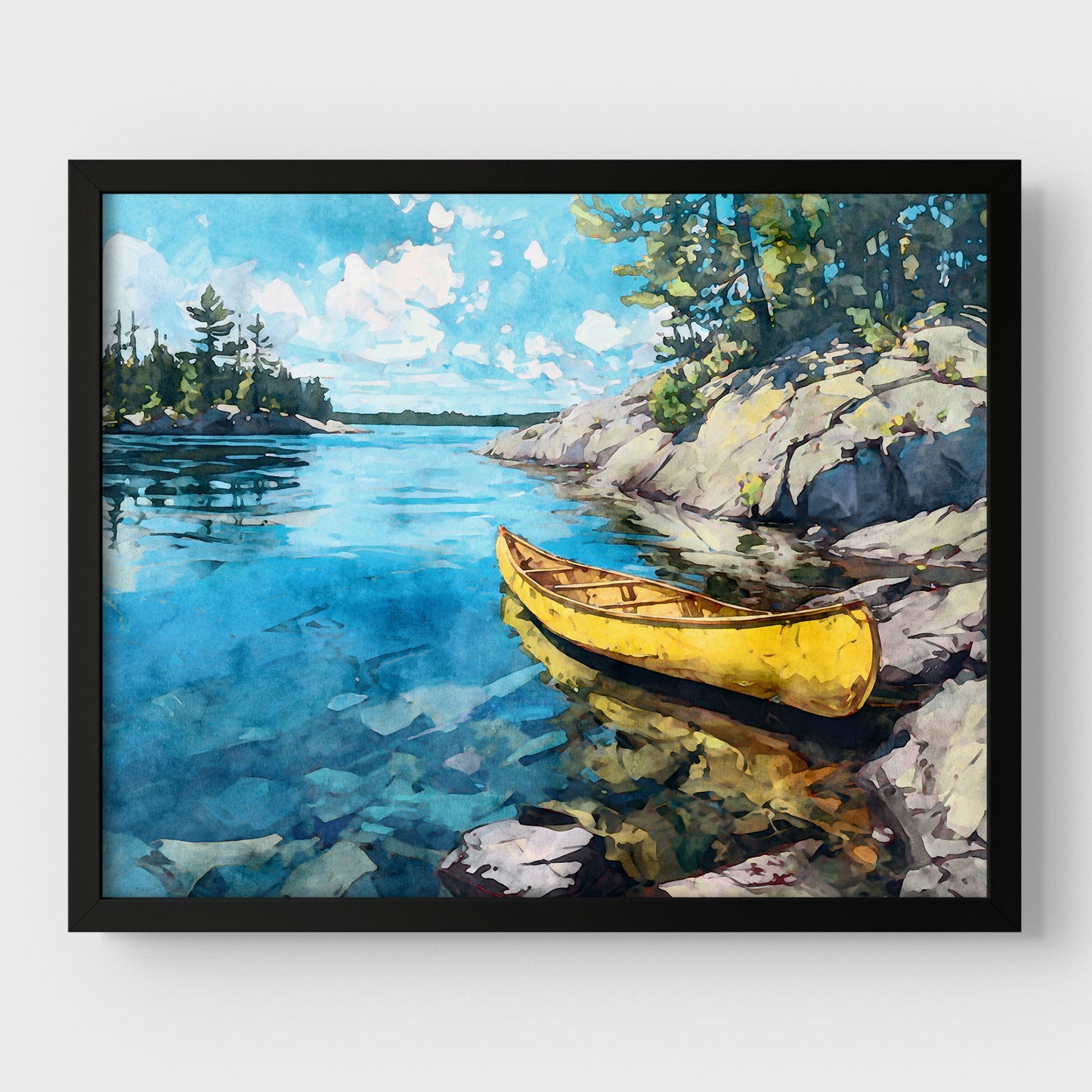 Yellow Canoe Lake Landscape Watercolor Art Print