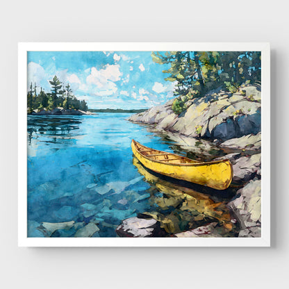 Yellow Canoe Lake Landscape Watercolor Art Print