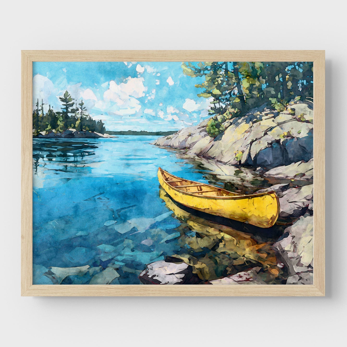 Yellow Canoe Lake Landscape Watercolor Art Print