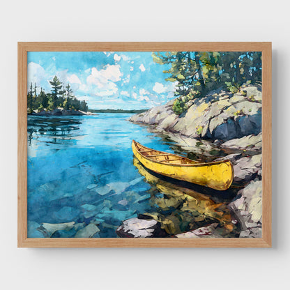 Yellow Canoe Lake Landscape Watercolor Art Print