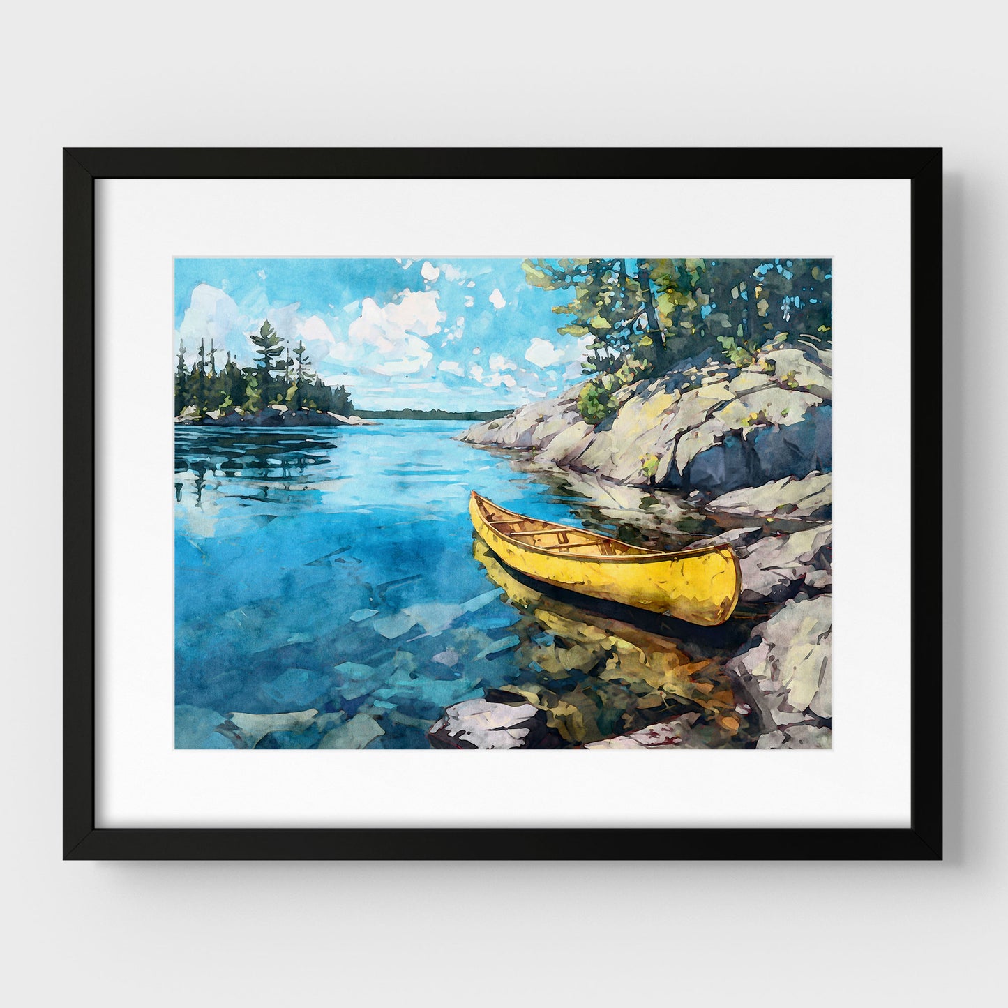 Yellow Canoe Lake Landscape Watercolor Art Print