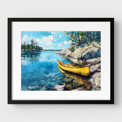 Yellow Canoe Lake Landscape Watercolor Art Print