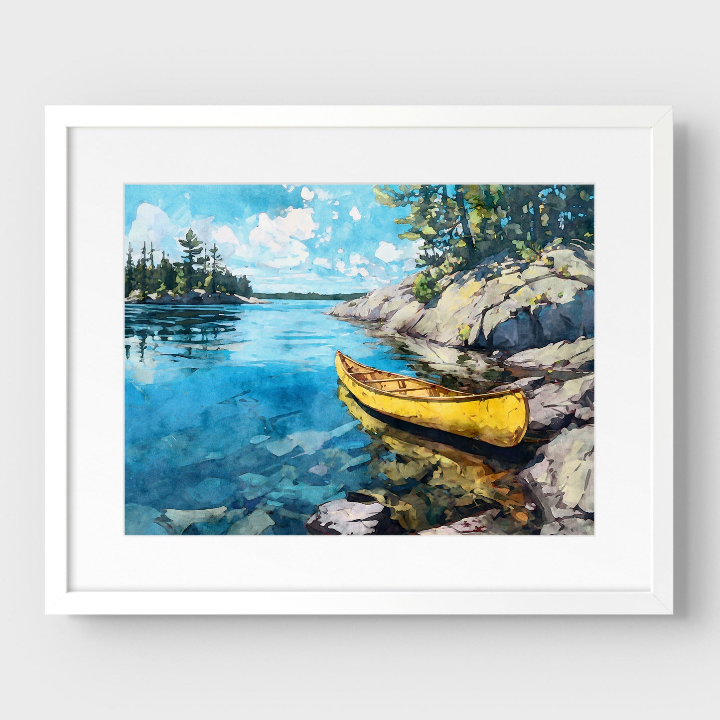 Yellow Canoe Lake Landscape Watercolor Art Print