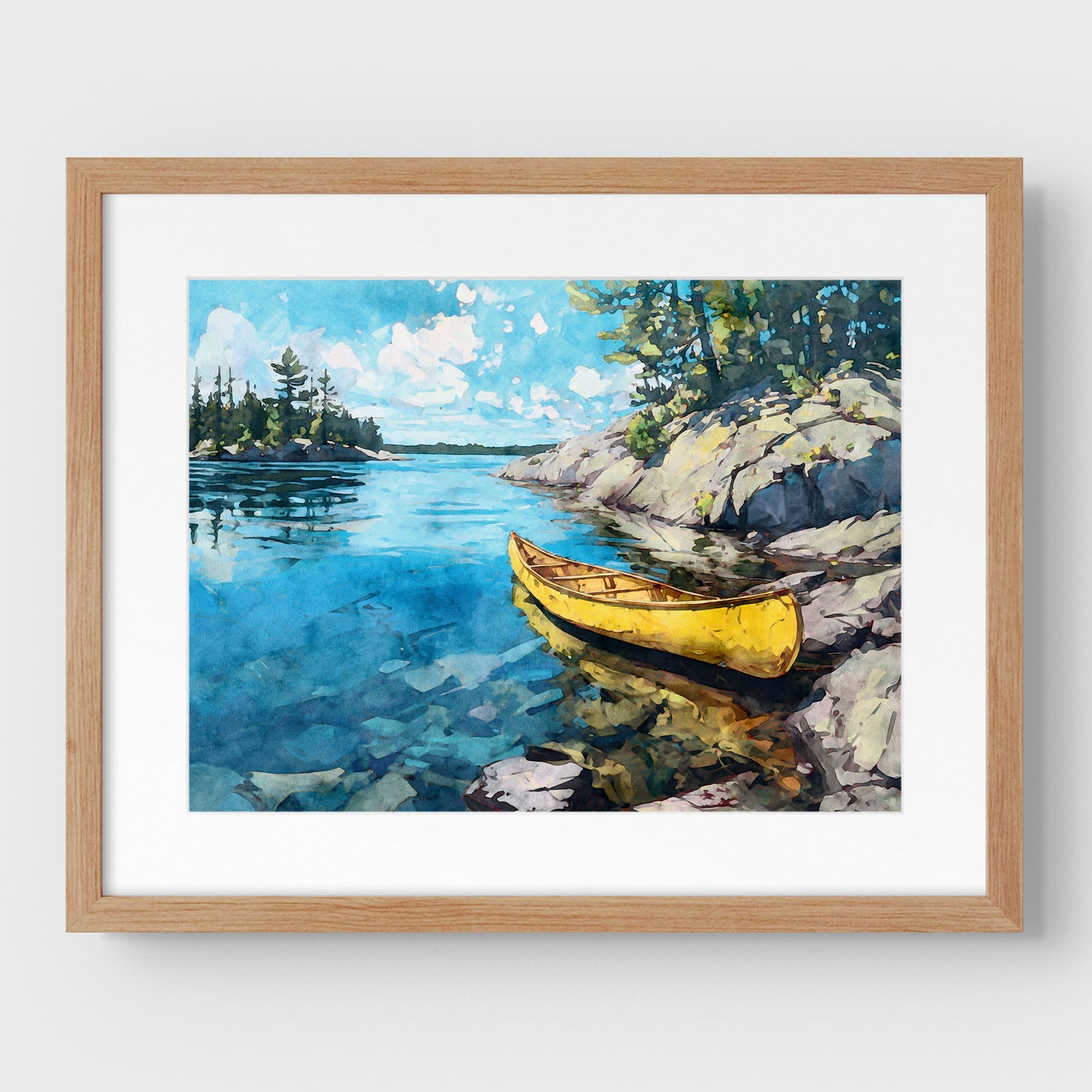 Yellow Canoe Lake Landscape Watercolor Art Print