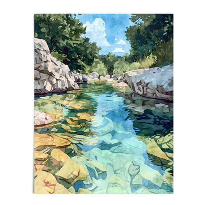 Watercolor-style painting of a rocky river scene, with turquoise and golden tones in the clear water. Sunlight highlights submerged stones, while large boulders and lush green trees line the banks. A bright blue sky with fluffy clouds completes the peaceful natural landscape.