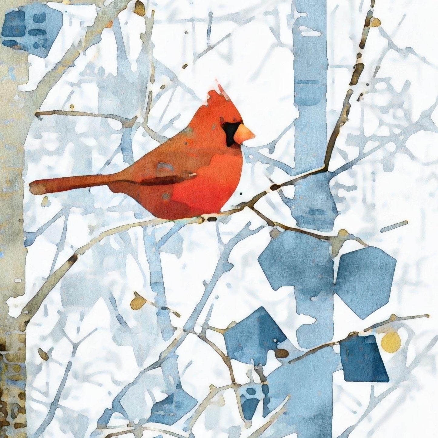 Close-up watercolor-style illustration of a bright red cardinal perched on thin winter branches. Soft blue abstract leaves and pale birch trunks create a cool, snowy backdrop, with delicate washes of color and fine linework emphasizing the bird’s vivid plumage against the muted winter scene.